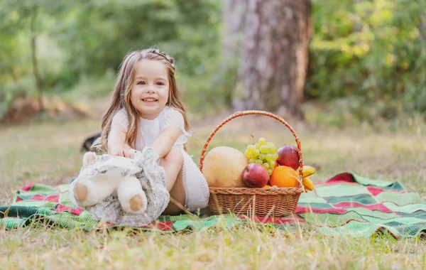 Χαριτωμένο παιδί για πικνίκ με καλάθι, το παιδί νήπιο έχει ένα υπόλοιπο στο ηλιόλουστο πάρκο ή στον κήπο. Κοριτσάκι με αρκουδάκι και διασκέδαση. — Φωτογραφία Αρχείου
