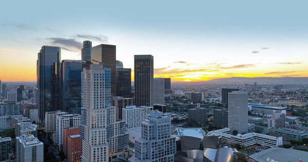 City of Los Angeles, panoramic cityscape skyline scenic, aerial view at sunset, business center office building