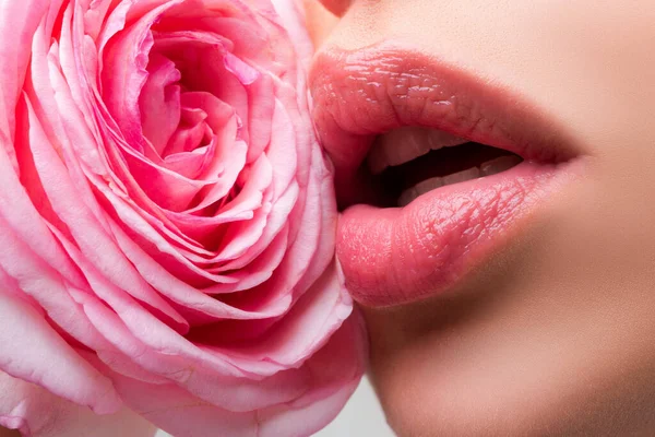 Lábios com fecho de batom. Lábios de mulher bonita com rosa. Close-up macro foto de um sexy lábios brilhantes cheios com textura de pele, boca aberta de perto. Lábios de mulher bonita com rosa. — Fotografia de Stock