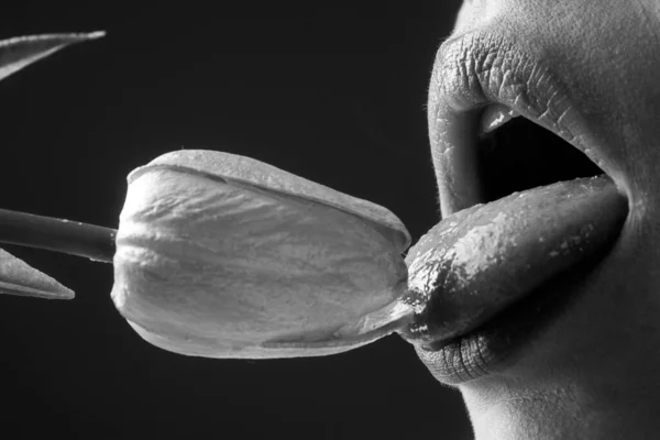 Női száj szexi rózsaszín ajkakkal elszigetelt közelkép. Közelről nő érzéki ajkak piros rúzs. Szenvedélyes száj. Szopás nyalás csókolózás koncepció. — Stock Fotó