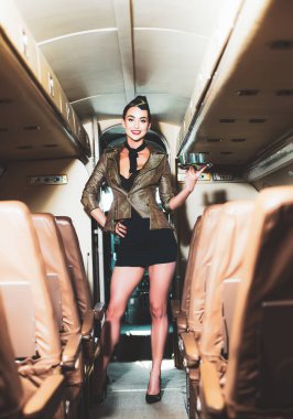 Mavi üniformalı hostes. Güzel bir hostesle uçan ticari uçak. Görevli. Hostes kadın. Uçuş görevlisi yolcuların binmesini bekliyor..