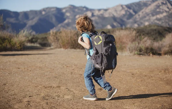 Rapazinho com mochila a caminhar em montanhas panorâmicas. Criança turista local vai em uma caminhada local. — Fotografia de Stock
