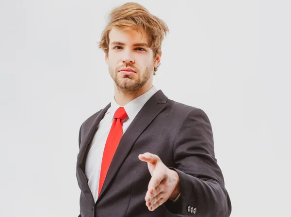 Geschäftsmann beim Händeschütteln, isoliert. Willkommen in unserem Team. — Stockfoto