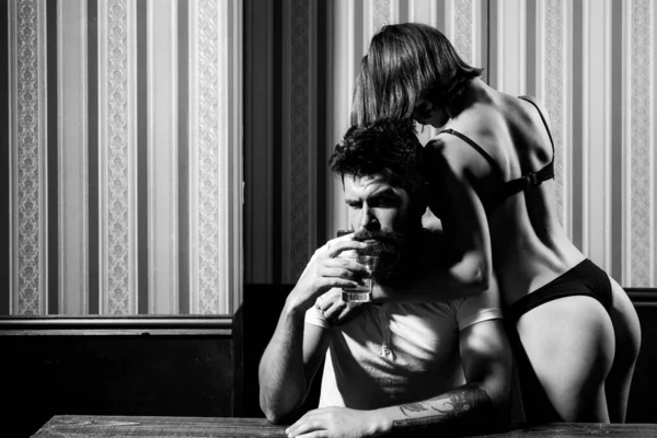 Married couple, sexual problems and alcohol addiction concept. Foreplay and love games of sexy couple. — Stock Photo, Image
