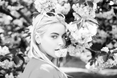 Yaz çiçekleri parkında pembe çiçekli güzel bir kız. Baharda çiçekli bahçede genç bir kadının portresi. Dil şehvetli.