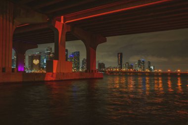 Şehir merkezinde, gün batımında Miami 'nin panoramik manzarası. Miami gecesi.