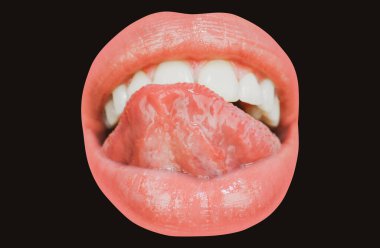 Gülümseyen ağızlar. Mutluluk gülüşü ve ağız ikonu, neşeli gülümseme, insan duyguları konsepti. Mutlu kadın dudakları. Ağız Simgesi. Siyah üzerine izole edilmiş..