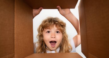 Karton kutulu mutlu çocuk, internet mağazasından paketleri açıyor. Çocuk müşteriler hızlı teslimat hizmetinden memnun. Şok çocuklar, şaşkın çocuklar duygular, vay canına..