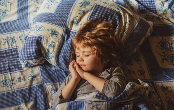 Criança bonita dormindo na cama. Adorável crianças pequenas descansar dormindo desfrutar de um bom sono tranquilo saudável ou cochilo. — Fotografia de Stock