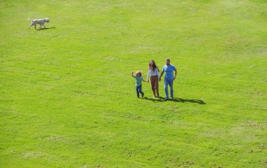 Dışarıda parkta çocukla oynayan mutlu genç ebeveynlerin Arial görüşü.
