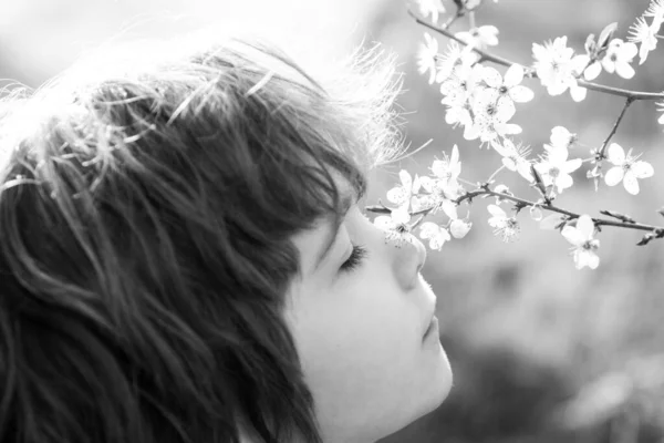 Cute child sniffs blooming tree. Summer kid in blossom garden. — Stock Photo, Image