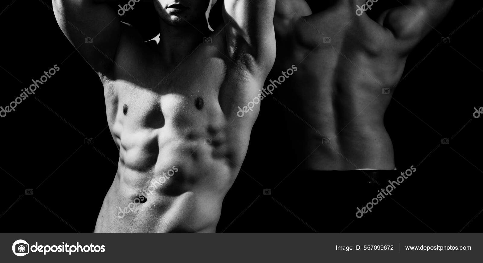 Gay concept. Close up of two naked shirtless man. Sexy Male Model. Two sexy  nude wet muscle guys on black background. Two athlete with strong body.  Hunky shirtless male model. Stock Photo