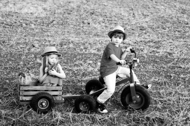 Mutlu çocuklar gülümsüyor ve eğleniyorlar. Küçük kız ve oğlan gülümsüyor. Güneşli bir günde gülümseyen küçük çocuklar. Yazın doğada mutlu çocuklar. Doğada mutlu gülümseyen çocuklar.