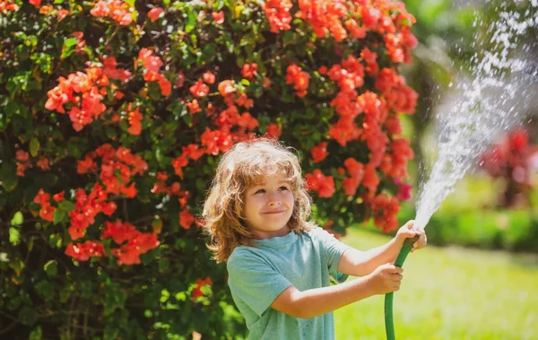 Ребенок поливает растение вне дома, концепция растениеводства учебная деятельность для детей и детей образование для природы. — стоковое фото