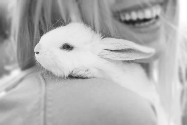 爱丽丝在仙境。 女人抱着可爱的毛茸茸的兔子，特写。 与复活节兔子的友谊. — 图库照片