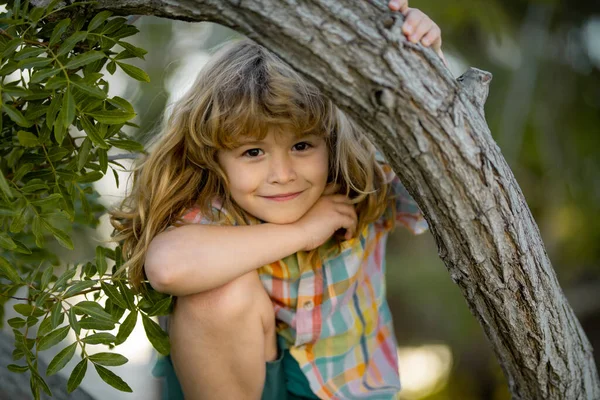 Menino bonito gostando de subir na árvore no dia de verão. Criança bonito aprender a escalar, se divertindo no parque de verão. Happy kids time in nature. Cara de crianças engraçado. — Fotografia de Stock