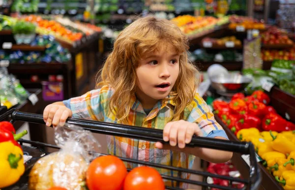 Cibo sano per giovani famiglie con bambini. Ritratto di bambino sorridente con carrello pieno di verdure fresche. Bambini al supermercato o al supermercato. Carrello della spesa, concetto negozio di alimentari. — Foto Stock