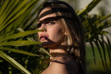 Sağlıklı cilt ve palmiye yaprakları olan genç ve güzel bir kadın. Çekici bir kızın yeni yüzü. Yaz modeli, egzotik tropik kozmetik.