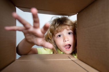 Çocuk karton kutunun içine bakıyor, alt manzara. Satın aldıklarınızı teslim ediyorum. Çocuklar doğum gününü kutlar. Doğum günü hediyesi. Şok çocuklar, şaşkın çocuklar duygular, vay canına..