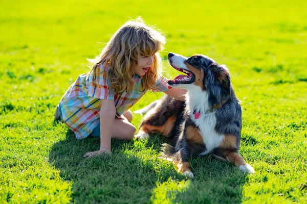 Blonder Junge, der mit Hund auf dem Rasen im Park spielt. Aufmerksam blickt sein Haustier auf den Besitzer. Kind mit Welpenhund. Die Hündin sitzt auf dem Gras. Positive Gefühle der Kinder. — Stockfoto
