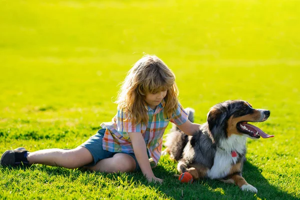 Petit garçon avec chien de compagnie en plein air dans le parc. Enfant avec chien chiot animal. — Photo