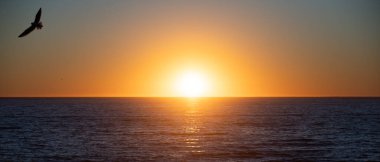 Tropikal denizin üzerinde sahil gündoğumu. Sahilde renkli bir gün batımı. Cennet plajı.