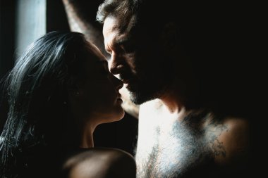 Romantik genç çiftin yakın çekimi birbirlerini öpüyor. Hassas tutkuları olan seksi, zarif çift aşıkları. Birbirine aşık güzel seksi bir çiftin portresi. Erkek, şehvetli kadını öper. Romantik çiftler kucaklaşır.