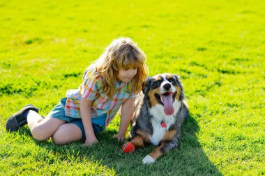 Mutlu çocuk yeşil çim tarlasında köpekle oynuyor. Yavru köpeği olan çocuk..