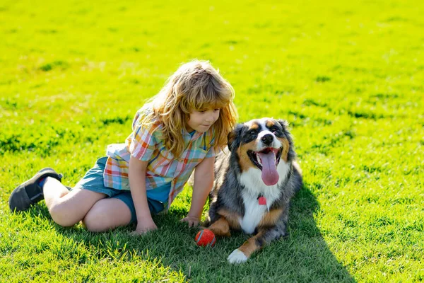 Glückliches Kind, das mit Hund im grünen Rasenfeld spielt. Kind mit Welpe Hund. — Stockfoto