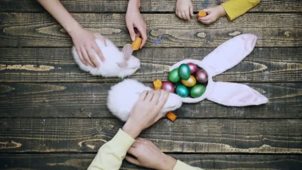 Lapin de Pâques et oeufs de Pâques plateau en bois. Les mains de la famille peignent et décorent les œufs de Pâques, vue du dessus. — Video