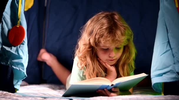 Gelukkige kindertijd, dromend kind lees verhaaltjes voor het slapen gaan, sprookje of sprookje. Kid jongen die boeken leest. — Stockvideo