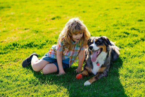 Kleine blonde jongen met haar hond outdooors in het park. Kind met huisdier puppy. Een kind met een hond die in de natuur speelt op groen gras. — Stockfoto