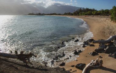 Plaj ve tropikal deniz. Renkli okyanus plajı. Berrak turkuaz su manzarası, Maldivler veya Hawaii.