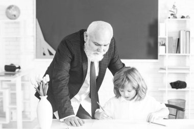 Öğrenci çocuk sınıfta öğreniyor. Öğretmen öğrenmeye yardımcı olur. Eğitim, öğretmenlik. Öğrenci çocuk dersi..