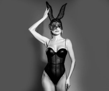 Şehvetli tavşan kadın. Cadılar Bayramı kostümlü seksi kız. Gri arka planda siyah maskeli seksi sarışın kadın..