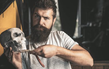 Saç salonu ve Kuaför vintage. Melisa sakallı. Kuaför Salonu. Berber Dükkanı harika zaman. Saç stili ve saç stilisti. Kuaför berber dükkanı çekici sakallı adamın saç kesimi yapma.