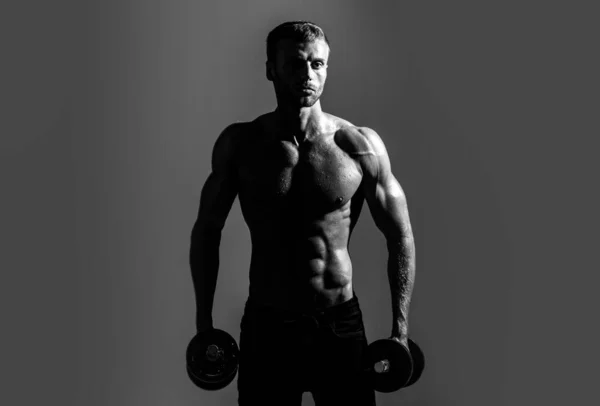 Sexy sportlicher Oberkörper, Mann mit Hanteln. Porträt eines athletischen Mannes mit Hanteln. Hemdloser Mann mit muskulösem Oberkörper im Studio. — Stockfoto