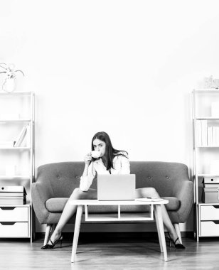 Seksi bacaklı, kahve içen baştan çıkarıcı sekreter, ofiste kanepede otur. Seksi iş kadını. Şehvetli kız çalışan..