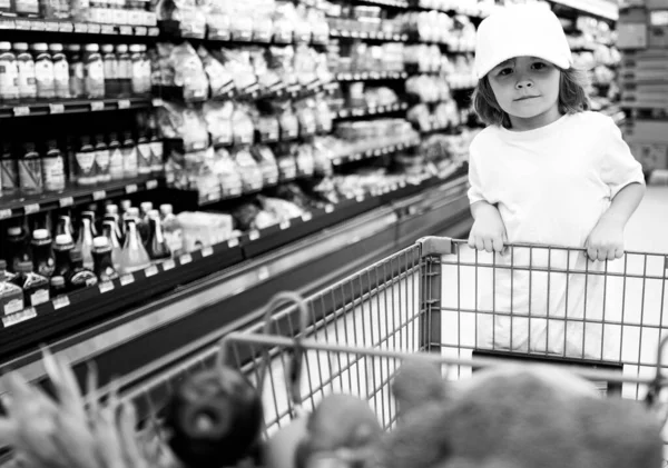 Menino bonito criança com carrinho de compras com produtos. Criança engraçada com carrinho de compras com na mercearia . — Fotografia de Stock