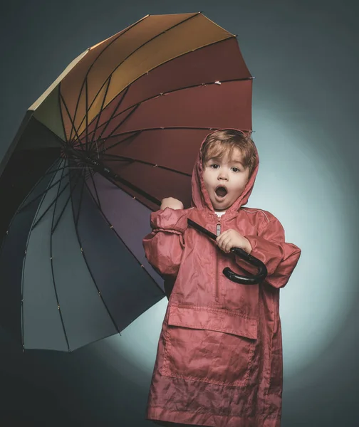 Fröhlicher Junge im Regenmantel mit buntem Regenschirm. lächelnder kleiner Junge, der mit Blättern spielt und in die Kamera schaut. Verkauf für die gesamte Herbstkollektion, unglaubliche Rabatte und wunderbare Auswahl. Kind im Regen — Stockfoto