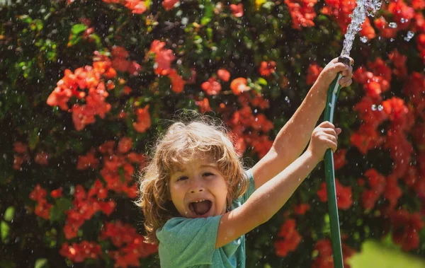 Χαριτωμένο αγόρι ποτίζει φυτά στον κήπο την καλοκαιρινή μέρα. Παιδί με εργαλεία κήπου και λάστιχο ποτίσματος στον κήπο πίσω αυλή. Το παιδί διασκεδάζει στην αυλή. Η έννοια της παιδικής καλοσύνης και της παιδικής ηλικίας. — Φωτογραφία Αρχείου