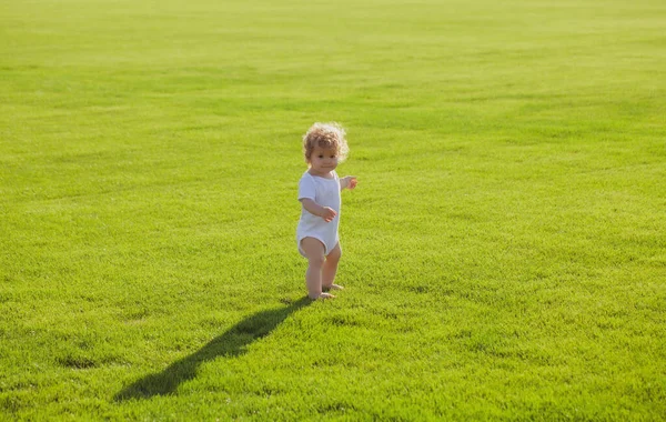Lindo divertido bebé niño aprender a gatear paso, divertirse jugando en el césped en el jardín. —  Fotos de Stock