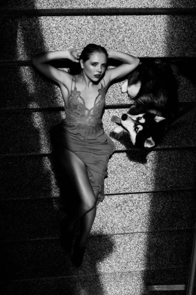 계단 위에 있는 젊고우아 한 여성의 실외 사진. 개를 키우는 젊은 패션 모델, 도시 스타일. — 스톡 사진