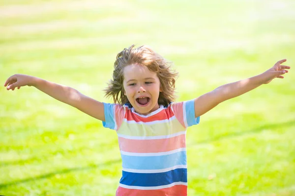 Opgewonden kind op het groene gras in het zomerpark. Baby gezicht close-up. Grappige kleine jongen close-up portret. Blond kind, lachende emotie gezicht. — Stockfoto