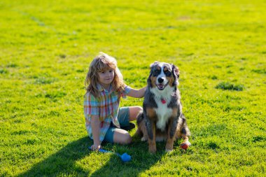 Parkta evcil köpeğiyle gezen küçük sarışın çocuk. Yavru köpeği olan sevimli bir çocuk, açık hava yazı. Doğada yeşil çimlerde oynayan köpeği olan bir çocuk..