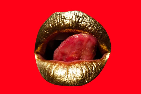 Gold lips, golden on sexy metallic mouth. Tongue lick golden lips. — Stock Photo, Image