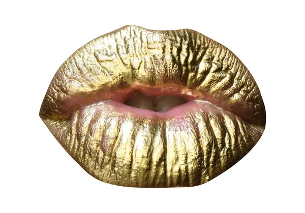 Золоті губи, золота втрата губ на сексуальних губах, металевий рот. Краса жінки макіяж крупним планом. Абстрактні золоті губи . — стокове фото