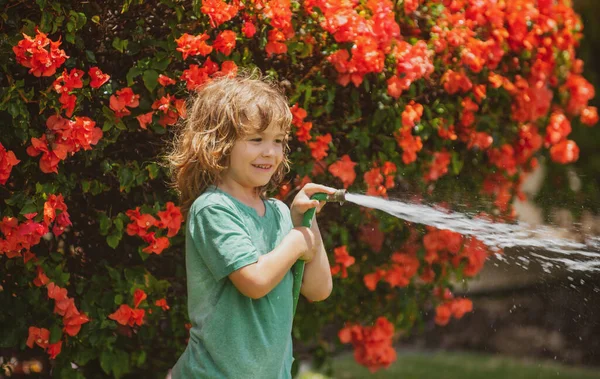 Αστείο αγοράκι που παίζει με λάστιχο κήπου στην πίσω αυλή. Το παιδί διασκεδάζει με το σπρέι νερού. Θερινή υπαίθρια δραστηριότητα για παιδιά. — Φωτογραφία Αρχείου