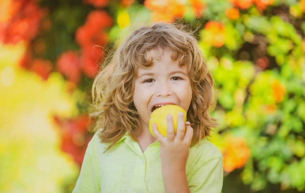 Здоровое питание. Счастливый маленький ребенок с аппликациями в летнем зеленом парке. — стоковое фото
