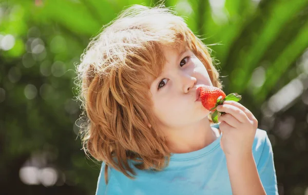 Nutrición orgánica. Lindo niño alegre come fresas sobre fondo verde de verano. El colegial está comiendo comida saludable. Concepto de infancia feliz. Cerca de los niños cara feliz. —  Fotos de Stock